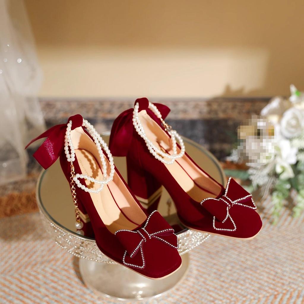 Show He Women's Bridal Mary Jane Red Chunky Heel Shoes for Petite Brides and Pregnant Women, Perfect for Chinese Wedding Toasts