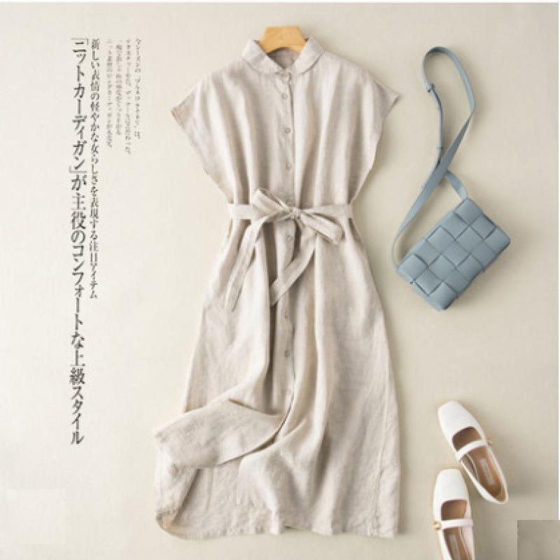 Summer New Literary and Loose Solid Color Cotton and Linen Lapel Sleeveless Dress Women's Waist Medium and Long