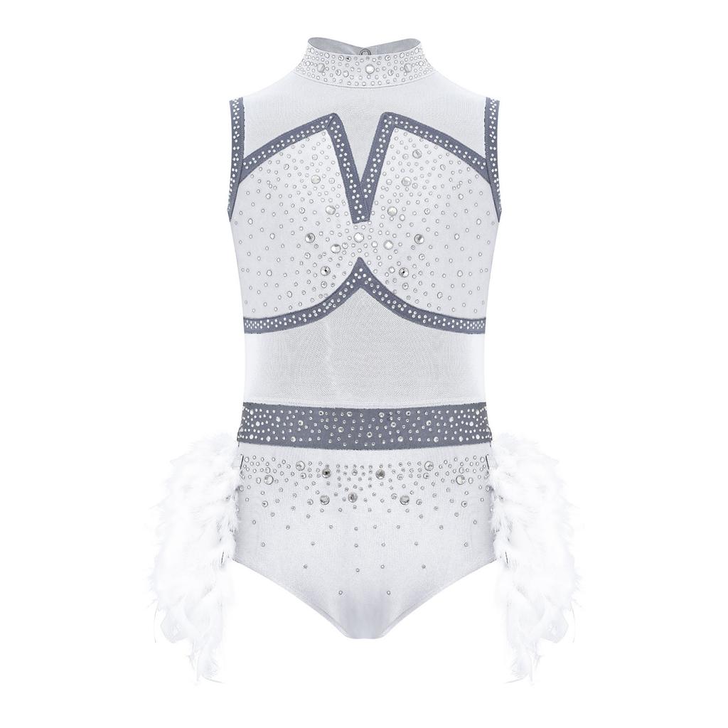 Mädchen Latein Tanzkostüm Ärmellos Ausgeschnittener Rücken Glänzende Strasssteine Colorblock Trikot Federrock Outfit
