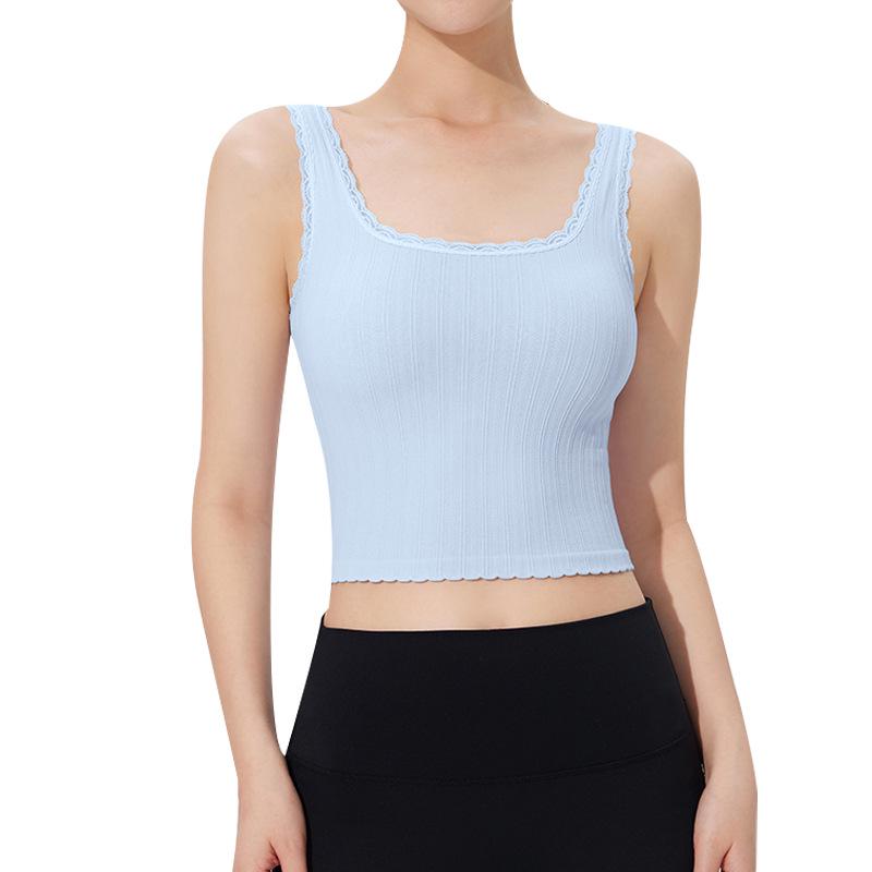 Women's White Lace Camisole with Chest Pads - Slim Fit Yoga Tank with Built-in Bra