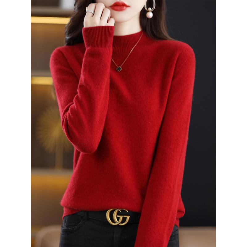 Women's Slim-Fit Autumn Sweater, Fashionable Half-High Neck, Versatile Pure Wool for Layering or Outerwear, Skin-Friendly.