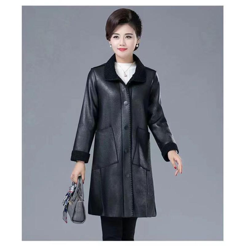 Elegant Slimming Fleece Lined Thick Warm Mom Coat Womens Mid Long Over Knee Faux Leather Trench Coat