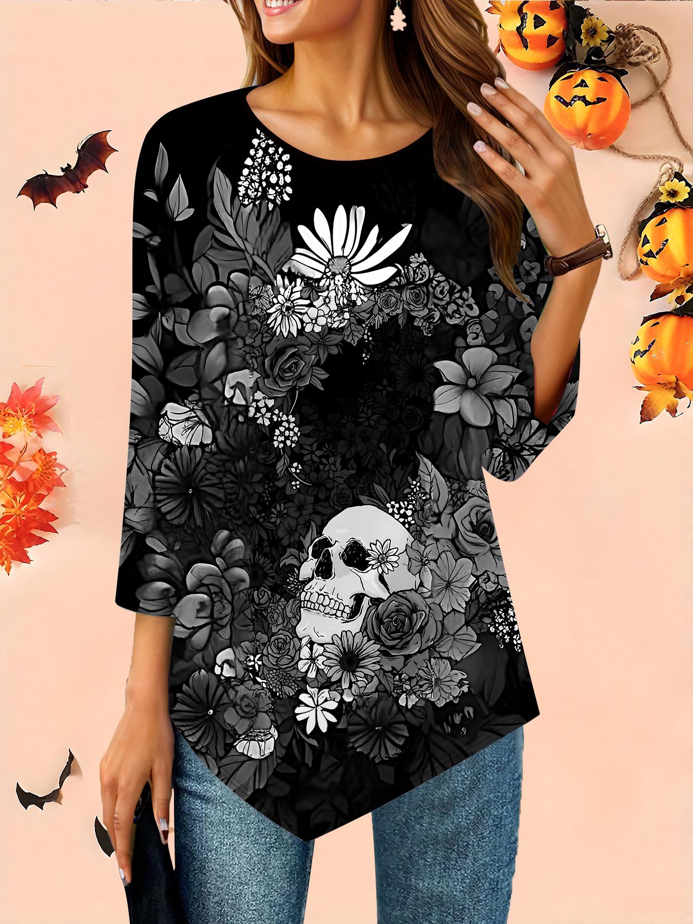 

Женская свободная футболка с круглым вырезом и рукавом три четверти, 3D-рисунок на Хэллоуин, идеальный подарок на Хэллоуин и Рождество XS чёрный