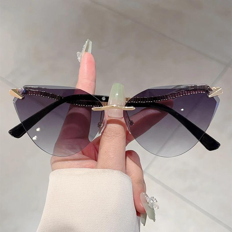 Rimless Cat Eye Sunglasses Women  New Stylish Vintage Gradient Casual Shades Trendy Luxury Brand Design Sun Glasses