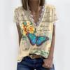 Women Summer V-neck Butterfly Print Short Sleeve Lace Patchwork T-Shirts  Blouse