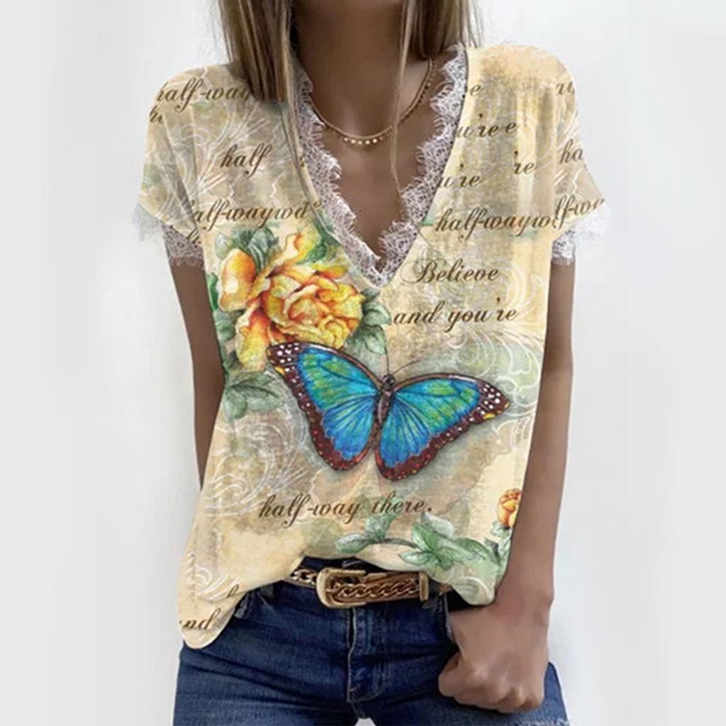 Women Summer V-neck Butterfly Print Short Sleeve Lace Patchwork T-Shirts  Blouse