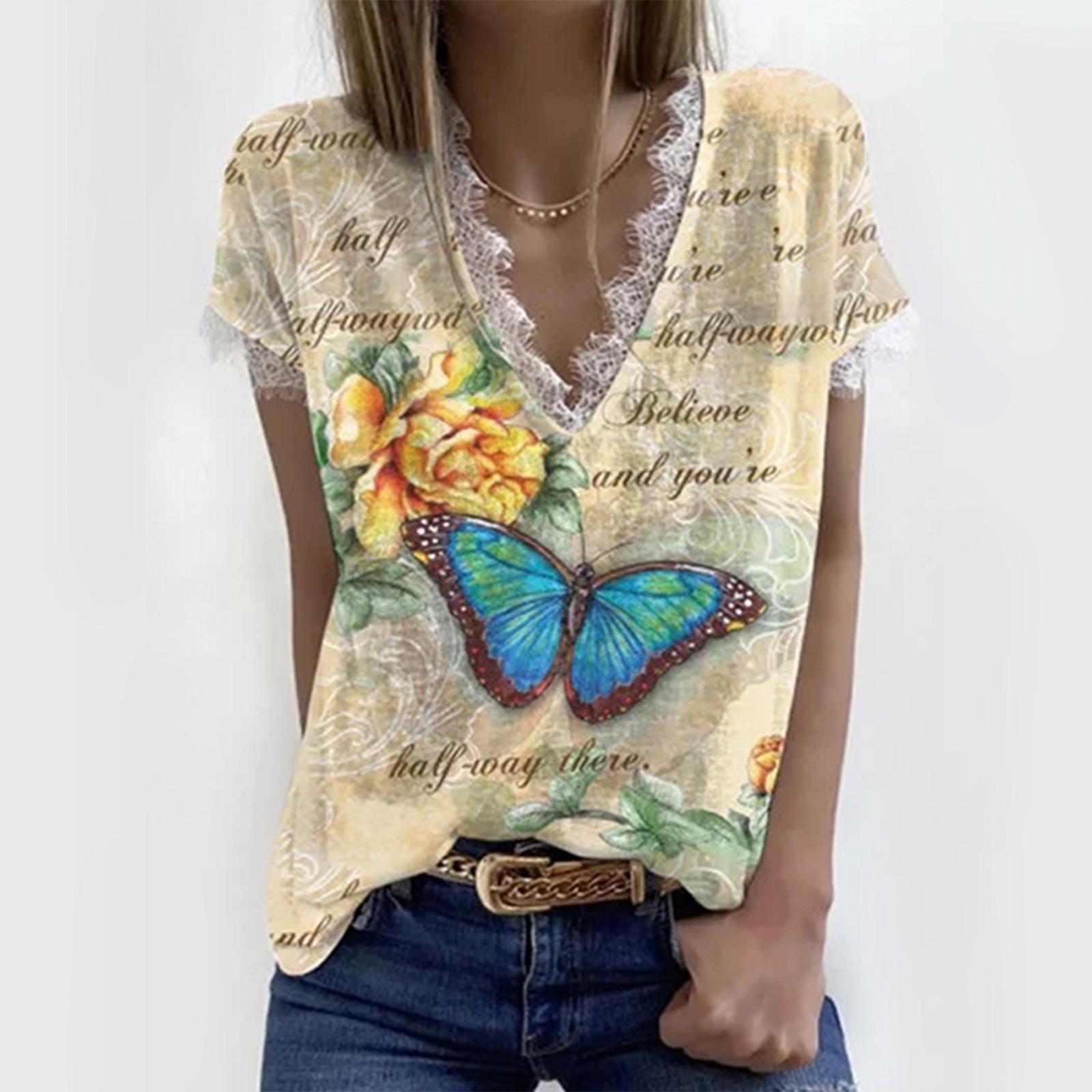 

Women Summer V-neck Butterfly Print Short Sleeve Lace Patchwork T-Shirts Blouse XL жёлтый