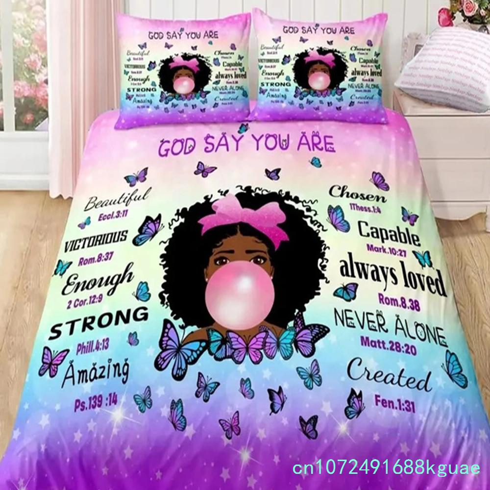 American Black Girl Duvet Cover Set,Black Girl Magic Bedding Set Full Size,Cute Little Afro Black Princess Comforter Cover Sets
