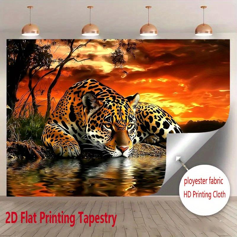 2D Flat, Leopard Sunset Reflection Water Jungle Tapestry Wall Hanging For Living Room Bedroom Decor Wild Animal Nature Art Print