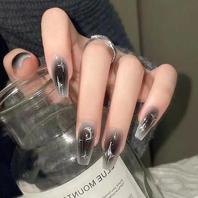 Moonlit Black Ombre Ballerina Nails - Long, Elegant, High-End Fake Nail Art Patches