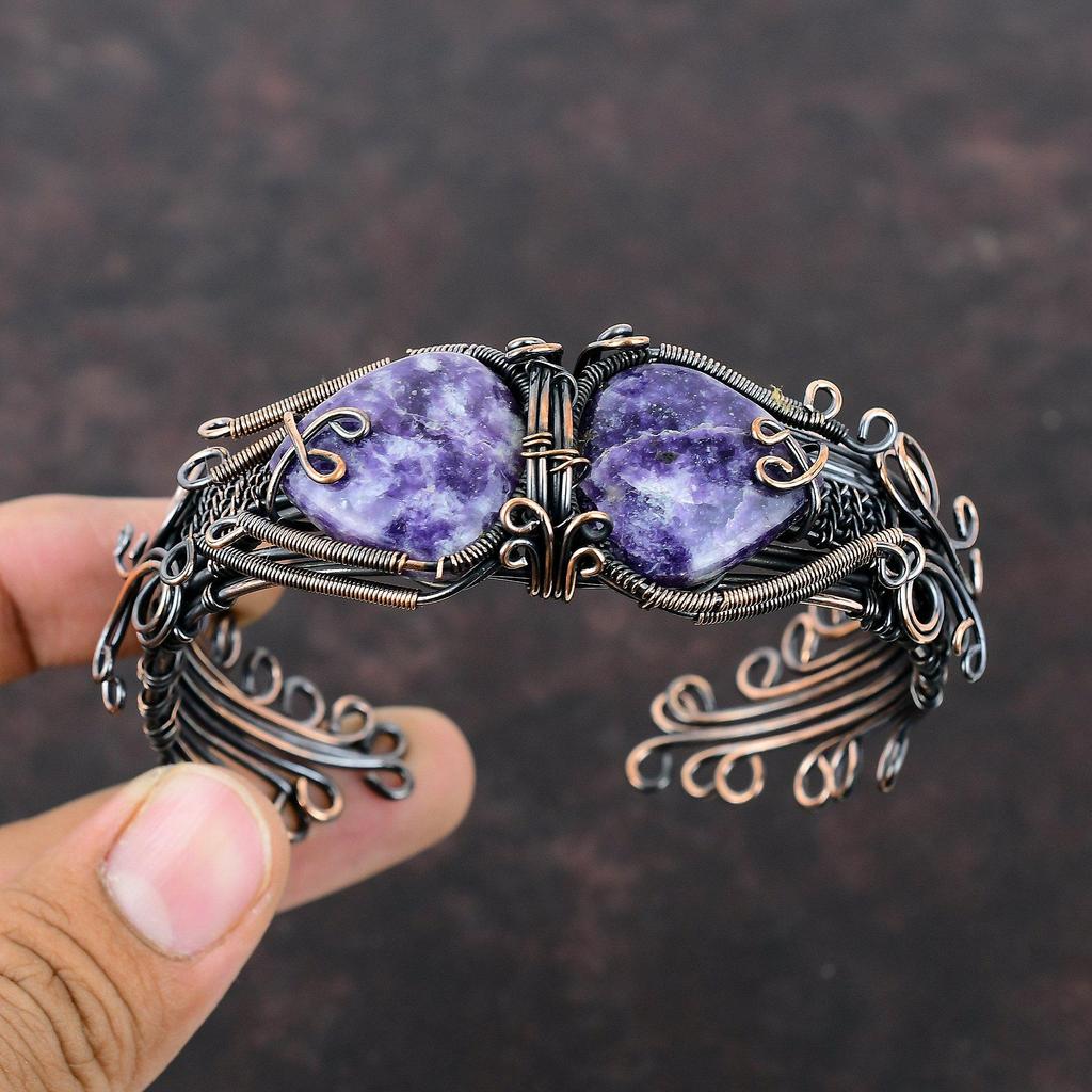 Lepidolite Cuff Bracelet Gemstone Bangle Copper Wire Wrapped Cuff Bracelet Handmade Wire Jewelry Adjustable Bangle Copper Jewelry For Gift
