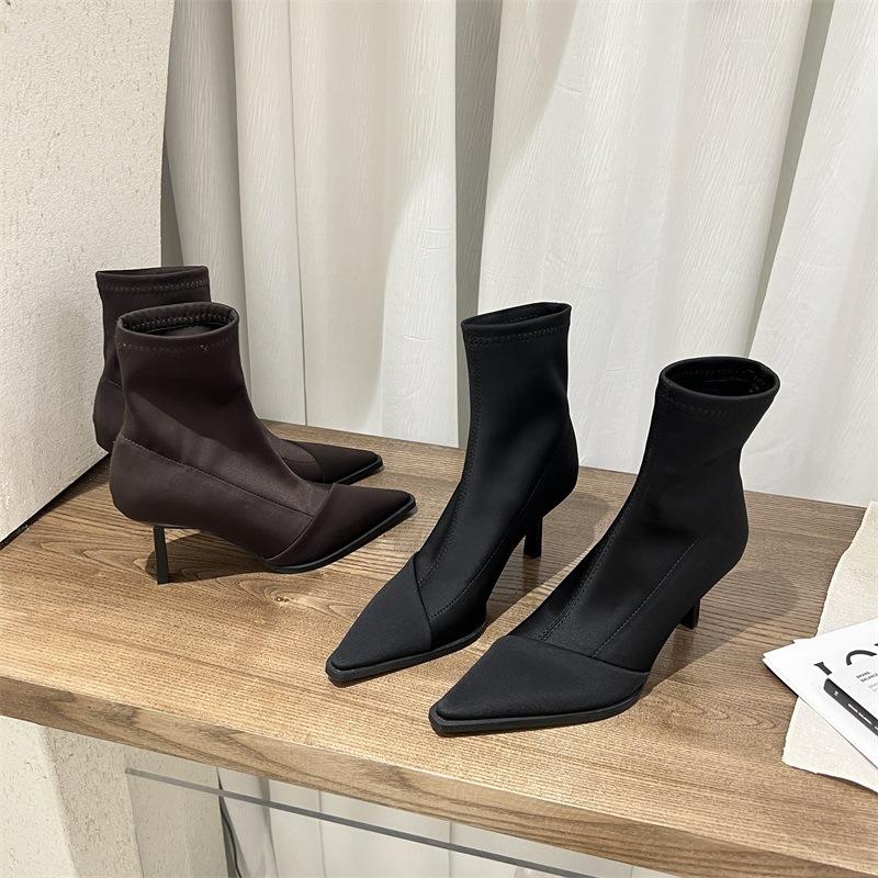 2025 autumn and winter pointed thin heel elastic boots Internet celebrity thin boots medium tube Martin boots matte high heel commuter short boots