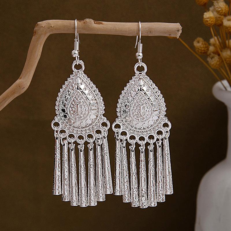 Miao Silver Tassel Dangle Earrings: Ethnic-Style Studs for Women