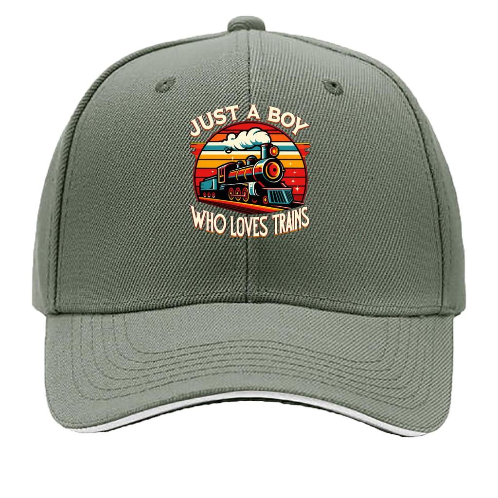 Just A Boy Who Loves Trains Vintage Steam Locomotive Sandwich Baseball Cap Unisex Women Sun Cap Outdoor Workouts Hat