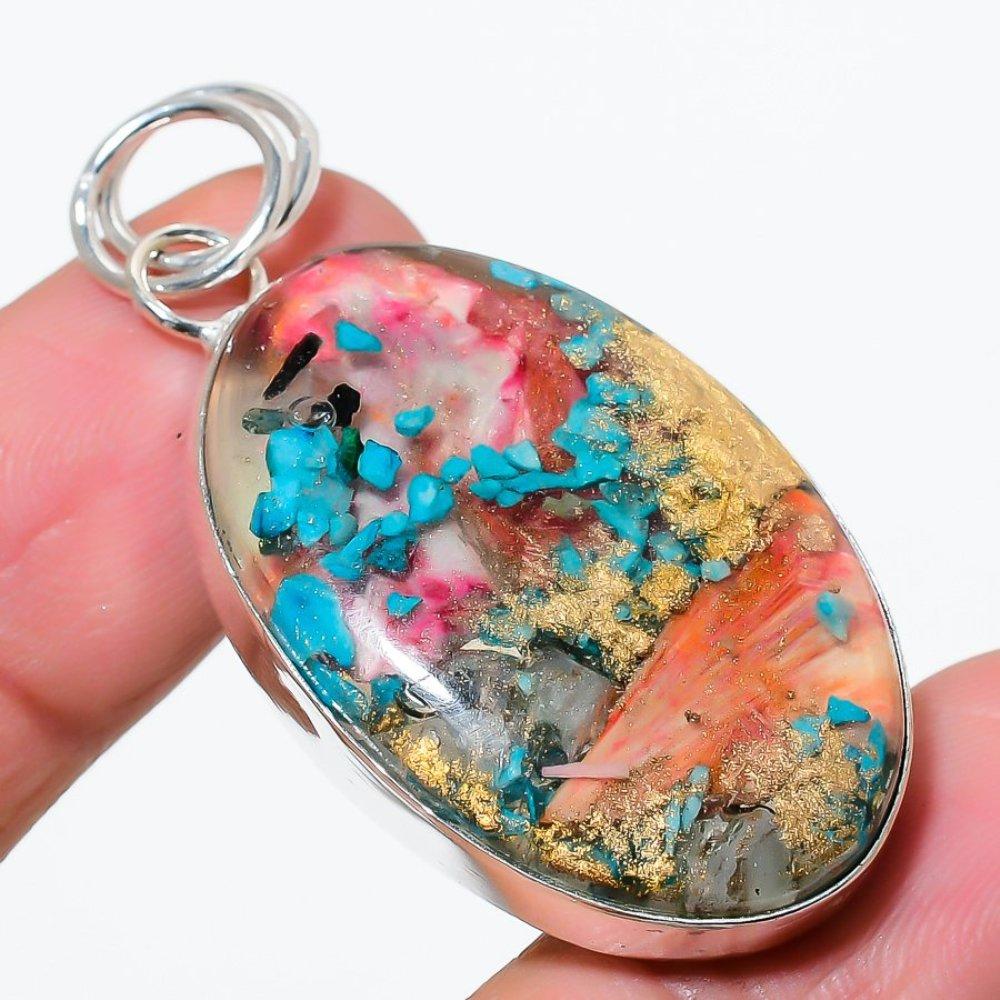 Spiny Oyster Gemstone Handmade 925 Sterling Silver Jewelry Pendant 2.05" m2v28