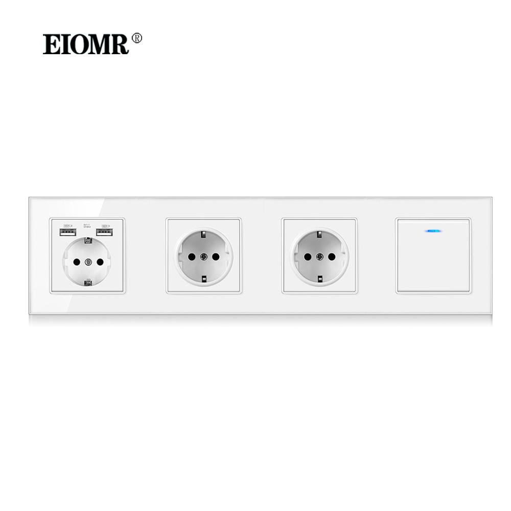 EIOMR EU Standard 16A Tempered Crystal Glass Panel Wall Socket Power Outlet Electrical Plug with Usb 5V 2100mA Ac110-250V White