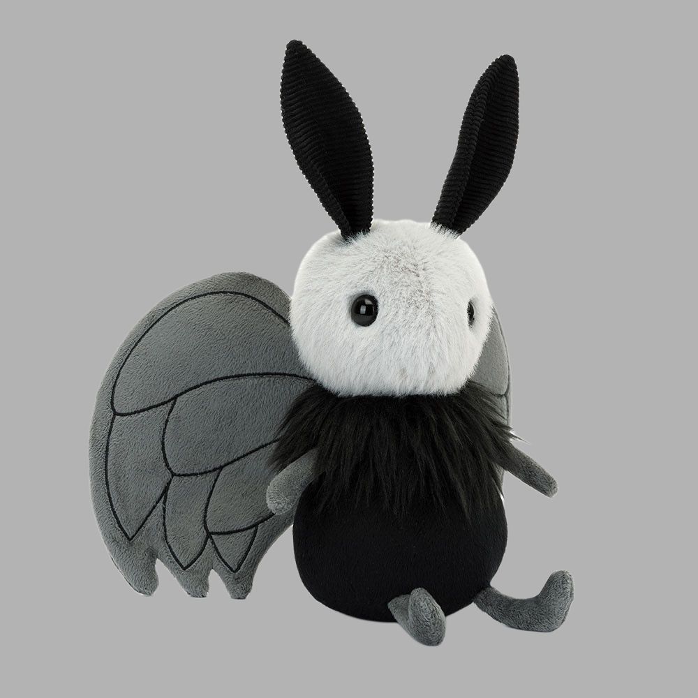 Jellycat Série de insetos Miff Mothman boneco animal divertido preto boneco de pelúcia sentado 18cm de altura