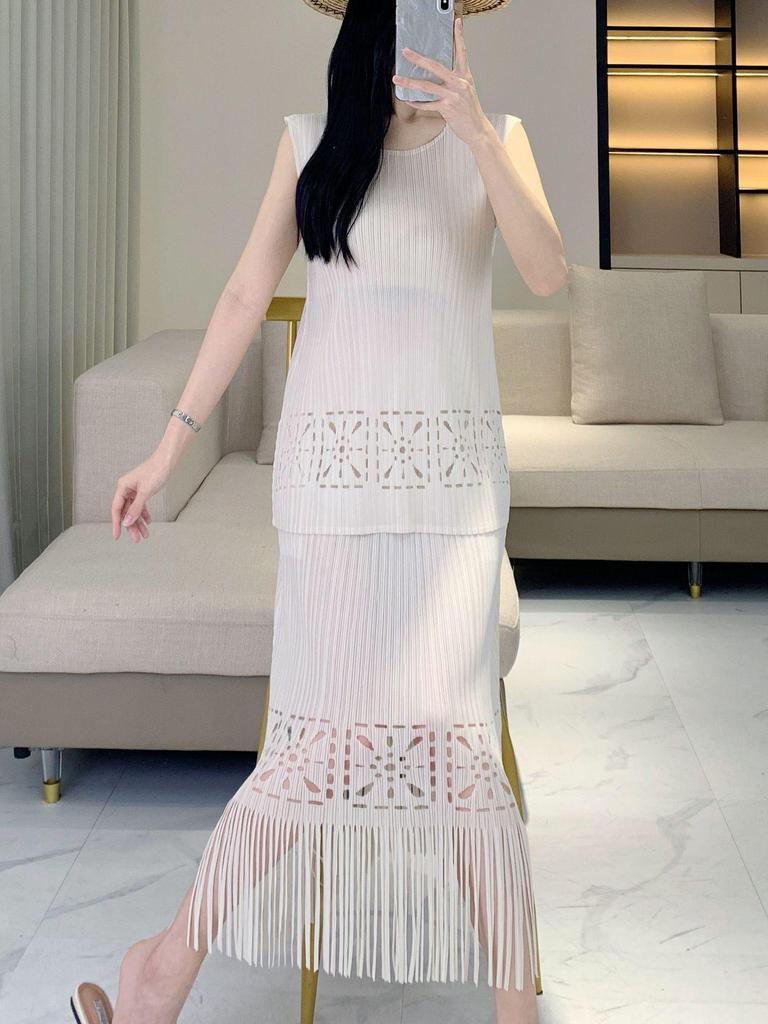 2025 Spring/Summer Women's Pleated Tassel Tank Top & Midi Skirt Two-Piece Set