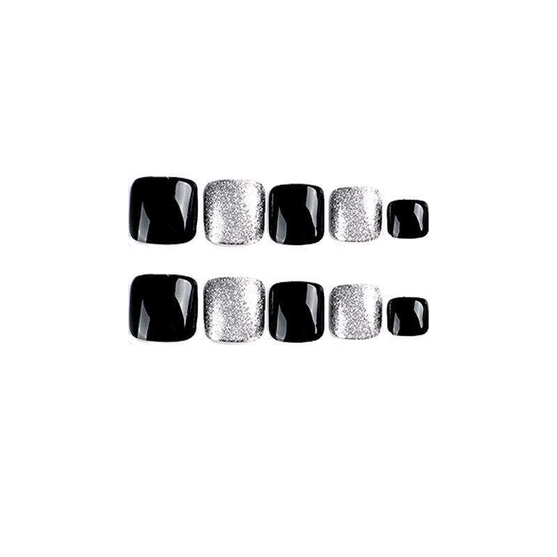 Black & Silver Glitter Press-On Toenails Stickers Set: Stylish Wearable Nail Art