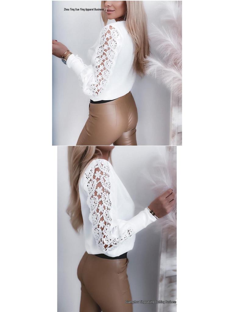 Spring-Autumn Women's V-Neck Lace Patchwork Long Sleeve Blouse