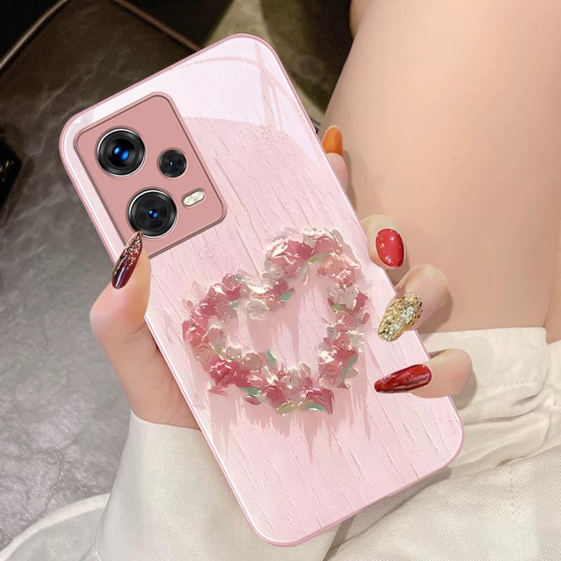 Heart-shaped Flower For Xiaomi 14 Ultra 13 Lite Redmi Note 13 11 Pro 12 Plus Poco X6 3 Pro F4 6 GT Tempered Glass Phone Case