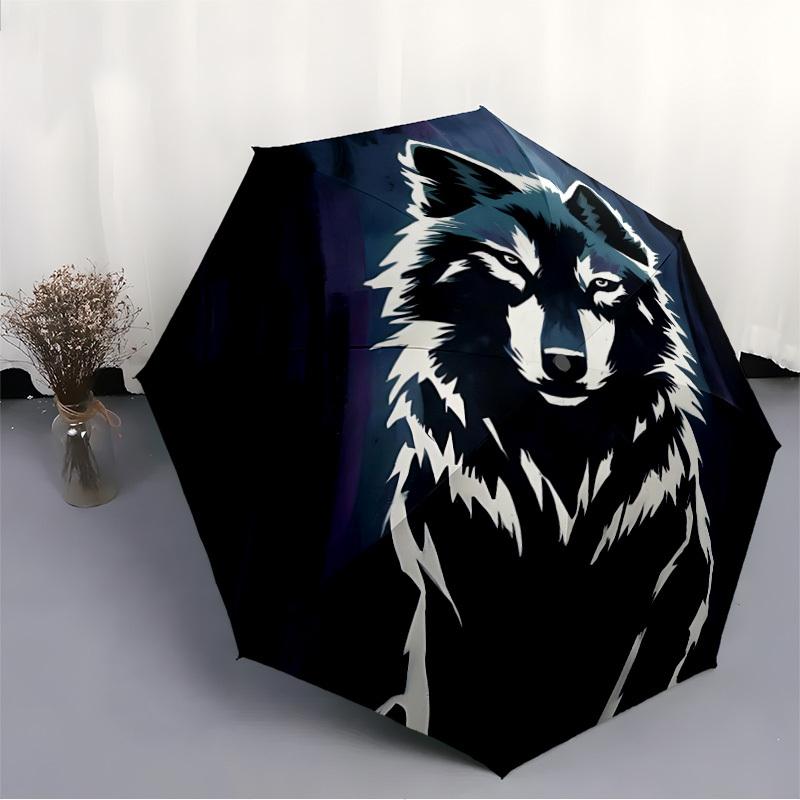 1pc Wolf, Night Automatic Open/Close Umbrella with One-Touch Button, Compact Folding Canopy, Sturdy 8-Rib Windproof Design S15