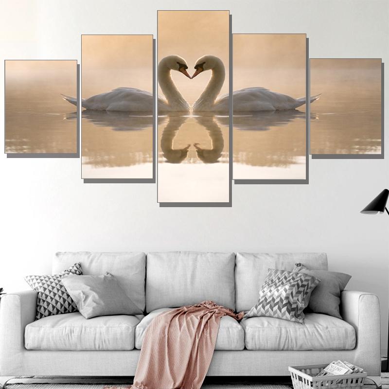 5 kusů Labutí srdce Swans Love Malba na plátně Zvířecí nástěnné umění Plakáty a obrazy pro Living Room Bedroom Home Decor Bez rámu