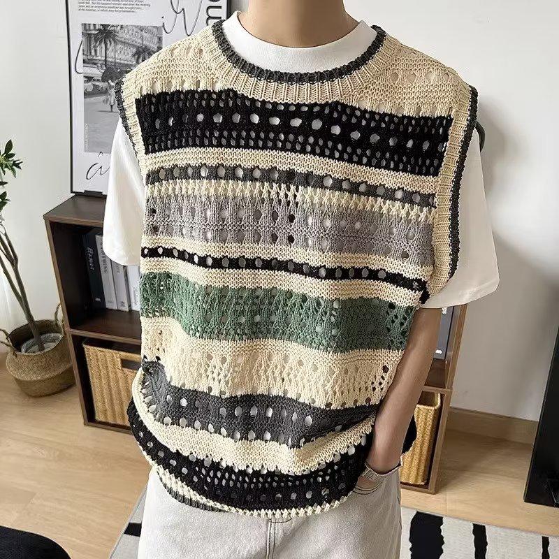 Men's Summer Trendy Striped Knitted Hollow Vest Sweater