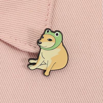 Funny Cheems Dog Wearing Frog Hat Enamel Pin Cartoon Shiba Inu Animal Brooch Lapel Badge Fashion Jewelry Gift for Kids Friends