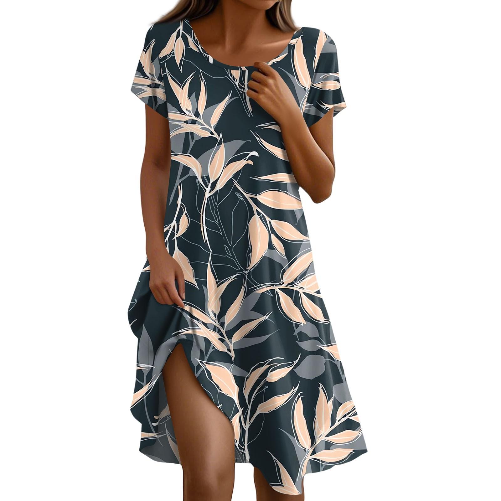 

Платье в стиле бохо с коротким рукавом для женщин, повседневное, свободного кроя, летнее, сарафан с цветочным принтом и карманами S хаки