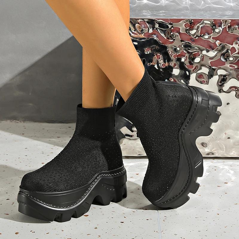 

Black Chunky Platform Ankle Boots Women Fashion Crystals Knitted Short Booties Mujer Punk Goth Thick Sole Motorcycle Boots Woman 42