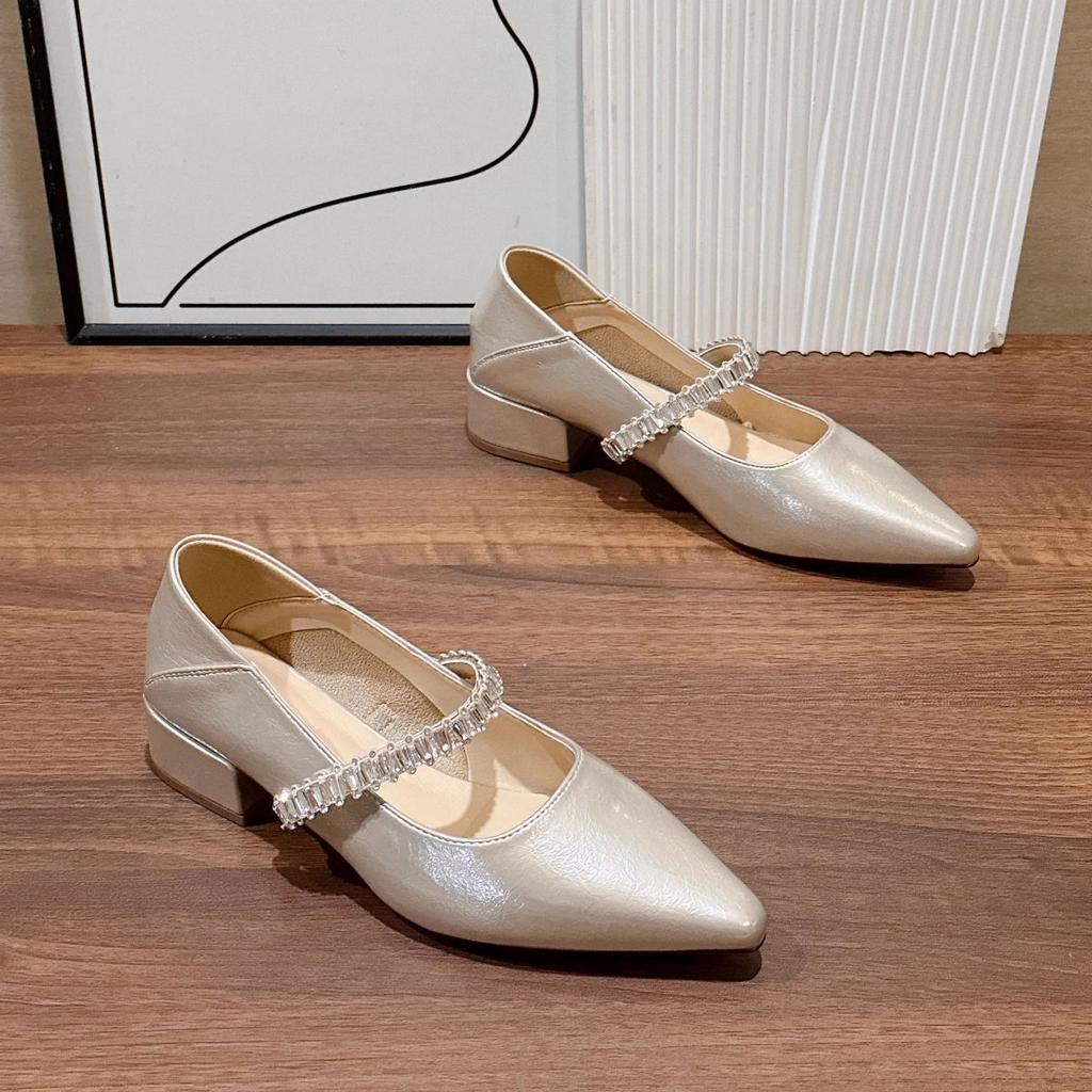 French Silver Rhinestone Mary Jane Shoes Girl 2025 Summer New Pointed Temperament Fairy Style Word with Thick Heel Shoes