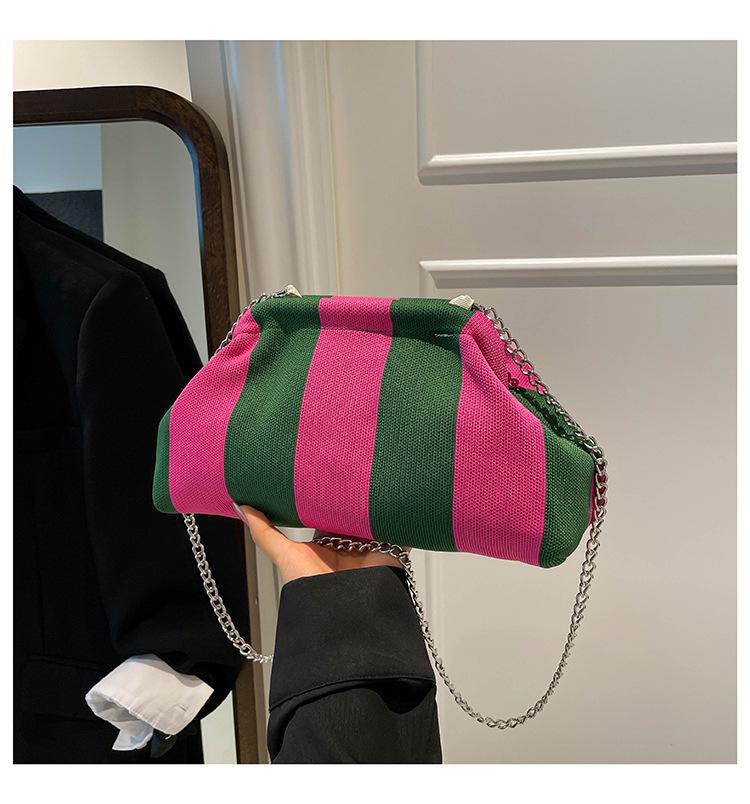 

Полосатая тканевая сумка, женская осенне-зимняя сумка-мессенджер на цепочке большой вместимости, сумка с зажимом и золотой фурнитурой, придающая утонченность зелёный