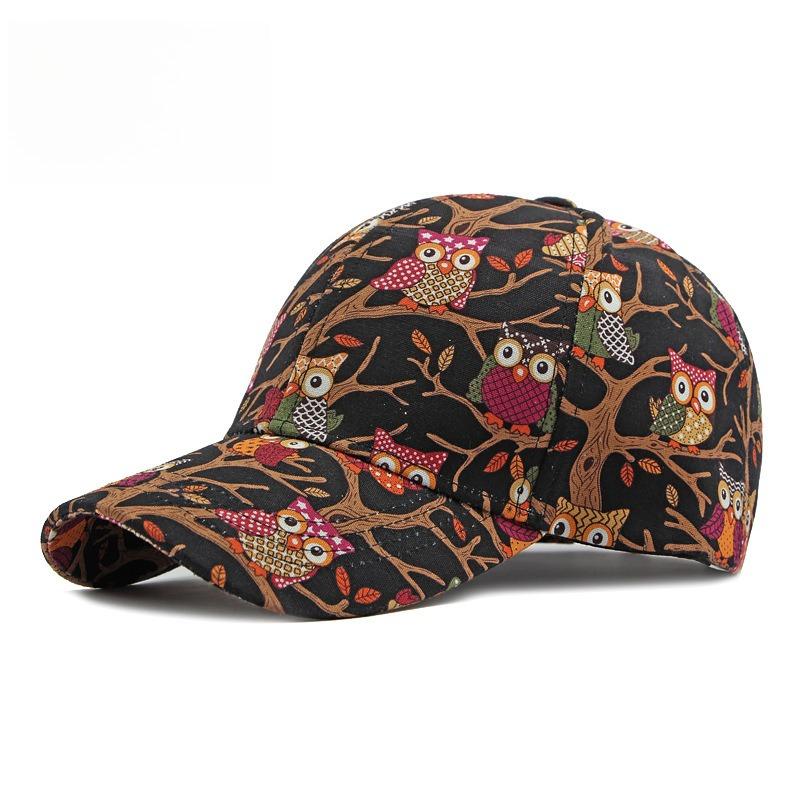 Unisex Cartoon Owl Print Baseball Cap Structured Hard Top Folk Art Bohemian Peaked Hat Outdoor Sun Protection Canvas Cap