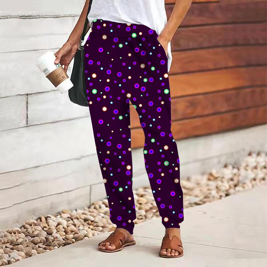 Women Polka Dot Printing Pants Lace Up Elastic Waist Loose  Trousers Casual Long Pants Trousers with Pockets