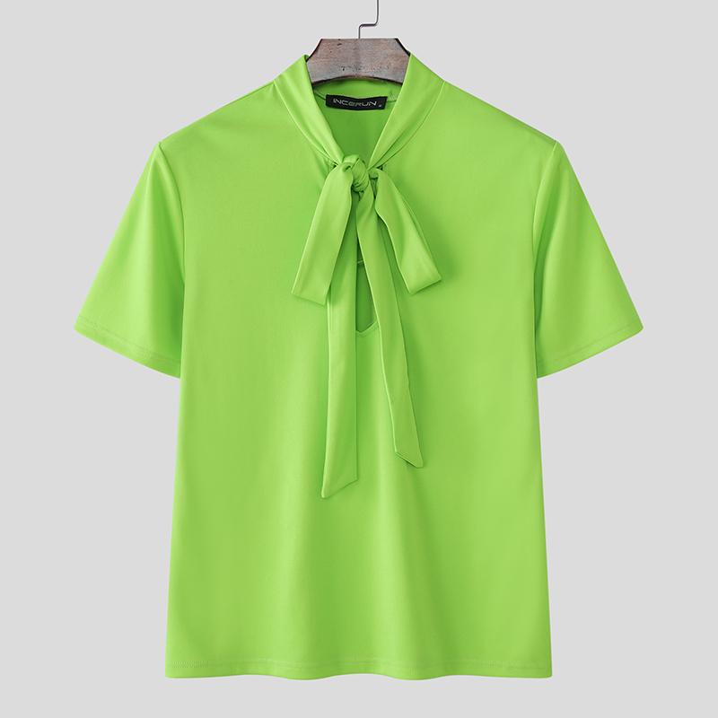 

INCERUN Men Bow Tie Neck Short Sleeve Solid Color Casual T-shirts Tops 3XL зелёный