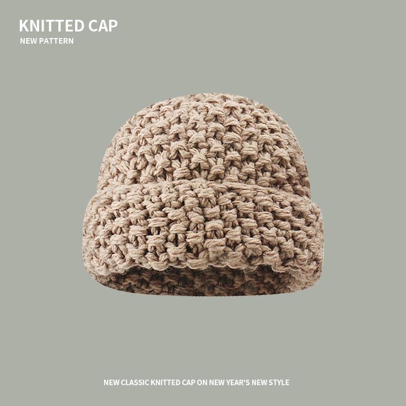 Coarse knitted pineapple pattern wool hat, plain and versatile in autumn and winter, big head and small face, warm ear protection wool hat
