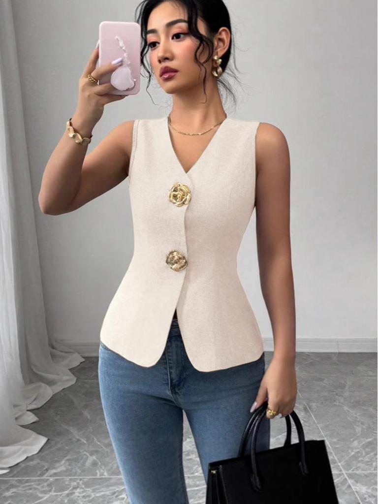 2025 Summer Rose Button Sleeveless Slimming Vest – Elegant Commute Style