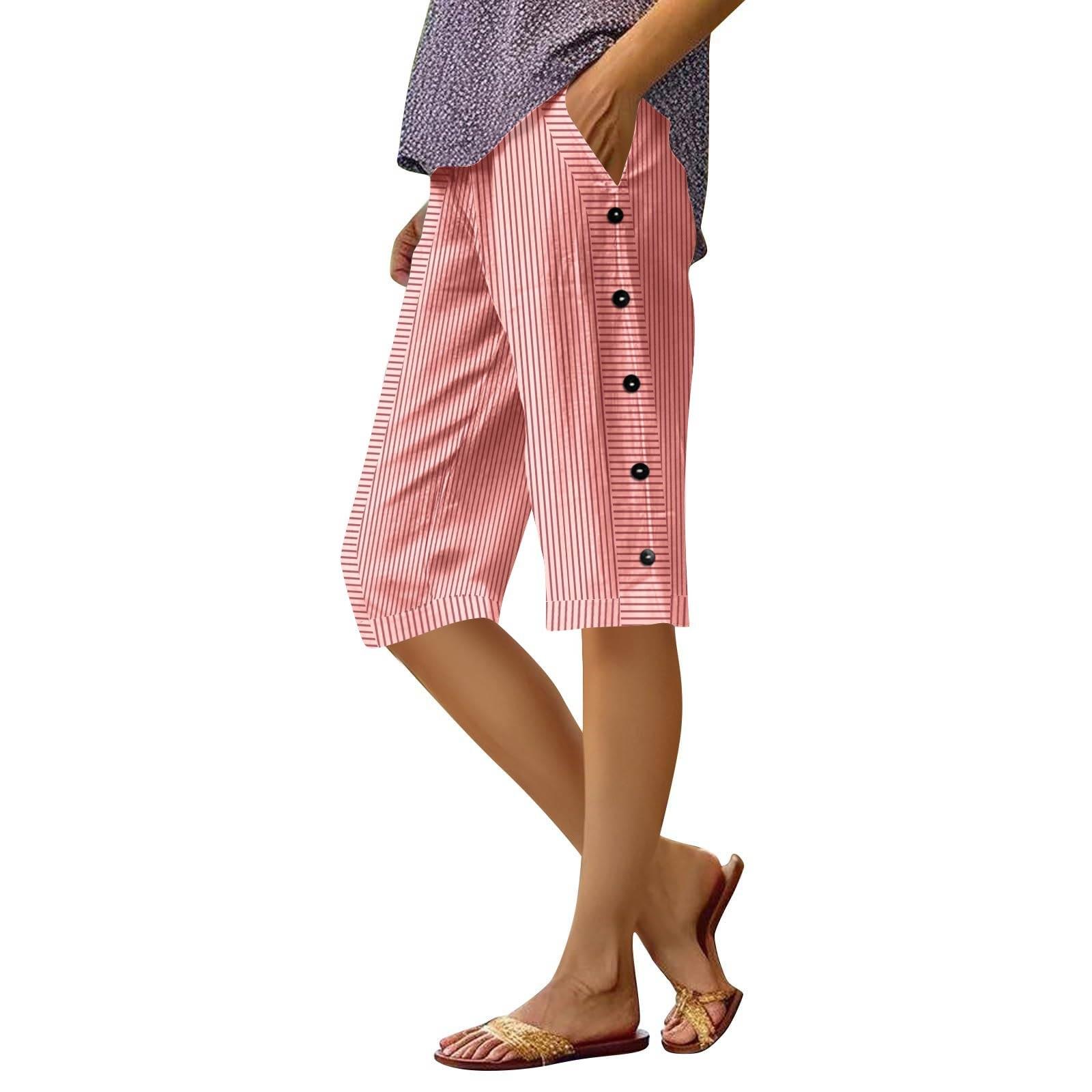 

Женские повседневные полосатые брюки с принтом на боковой пуговице, модные пять брюк, свободные прямые брюки с эластичной резинкой на талии и удобными карманами S винный
