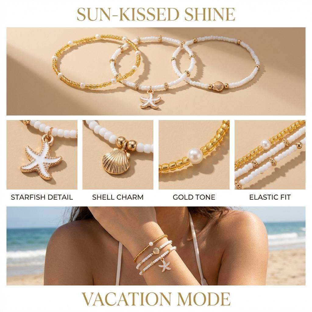 3 Pcs Bohemian Shell Starfish Pearl Bracelet Set For Women Summer Beach Multilayer Stacked Party Jewelry