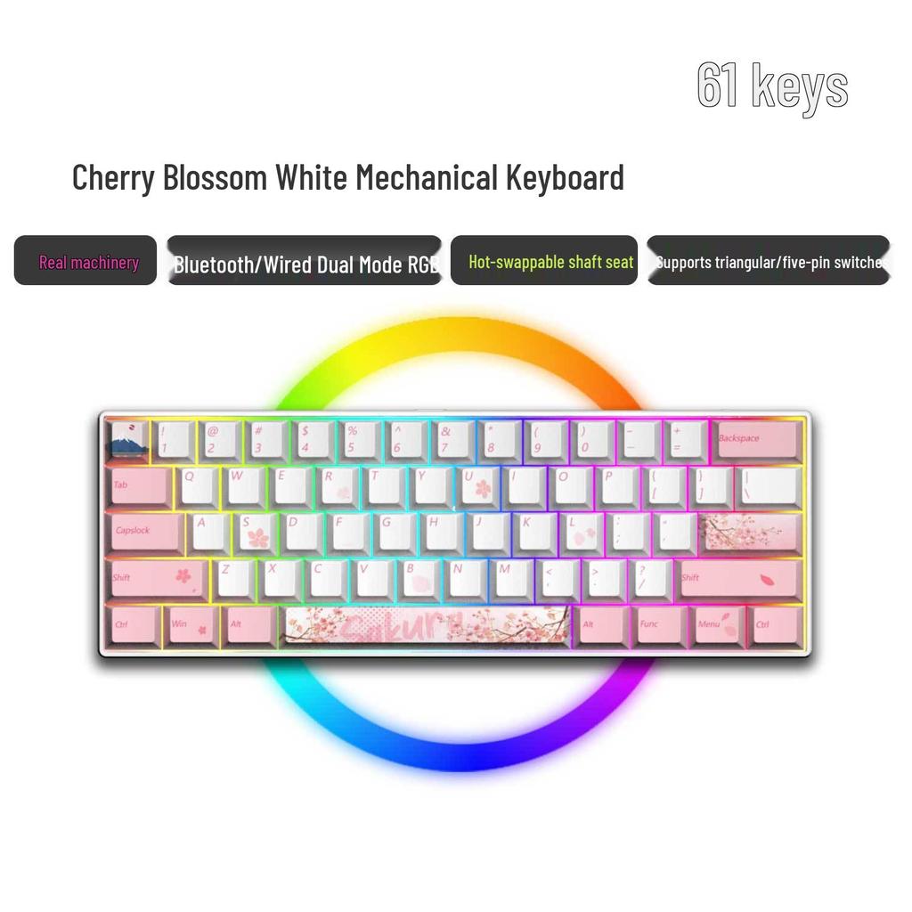 Dual-Mode 61-Key Wireless/Wired Mechanical Keyboard - Compact, Portable, Silent Gaming/Office Design for Girls