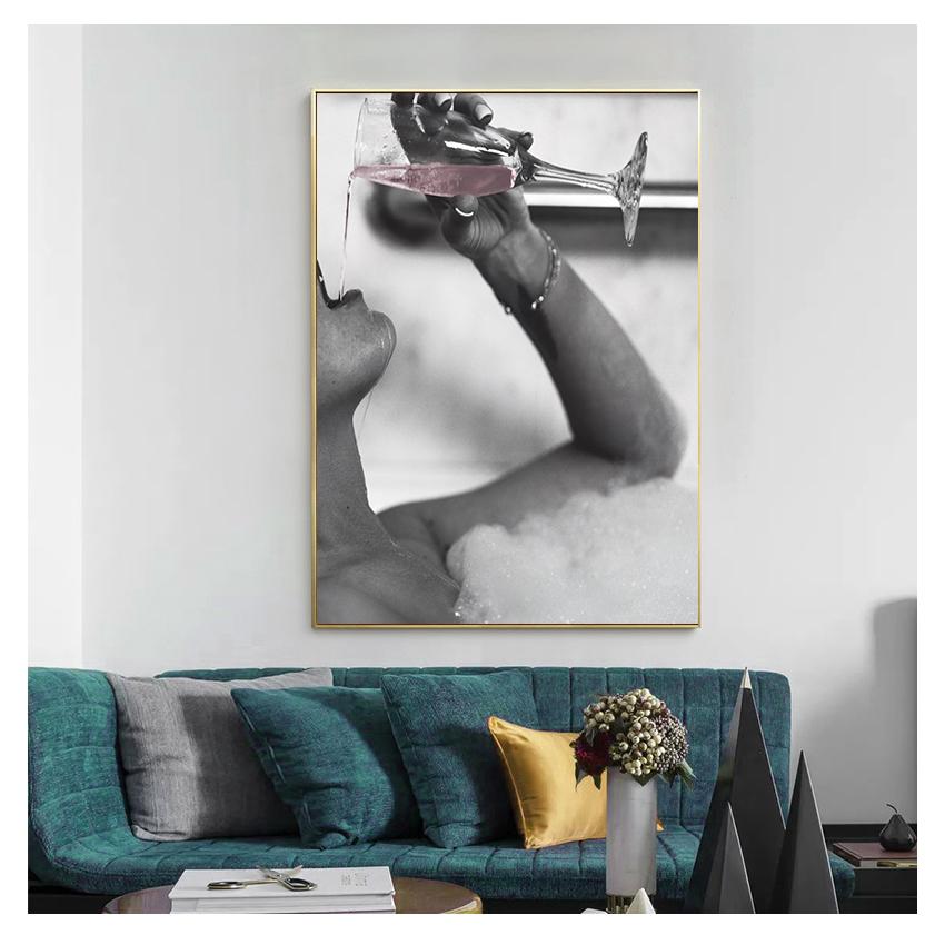 In Bubble Bath Canvas Prints Modern Painting on The Wall Picture Poster for Bathroom Decor Fashion Woman Drinking Rose Champagne