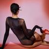 Seamless Shiny Silky High-Cut Bodysuit & Sexy Stockings Set - Large Size