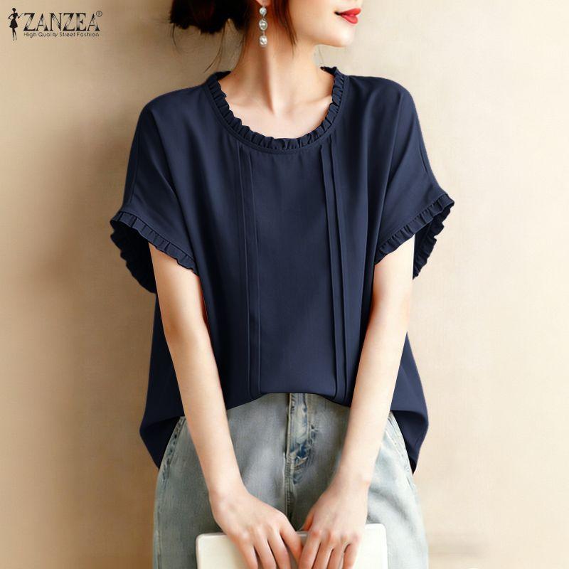 ZANZEA Women Casual Round Neck Solid Color Summer Short Sleeve Blouse
