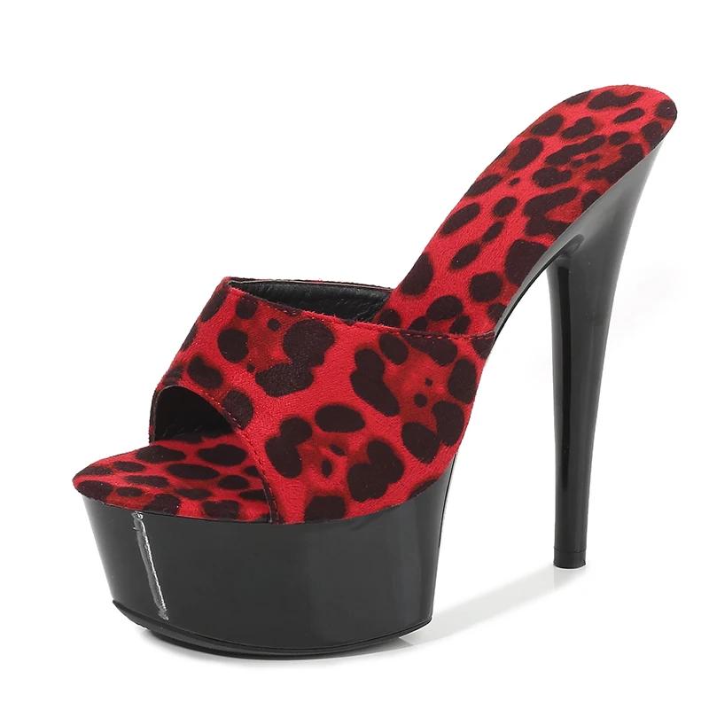 Fashion Sexy High-heeled 15cm Leopard Print Woman Slippers Sandals Platform Nightclub Shoes Waterproof Thick Bottom Heels Slippers