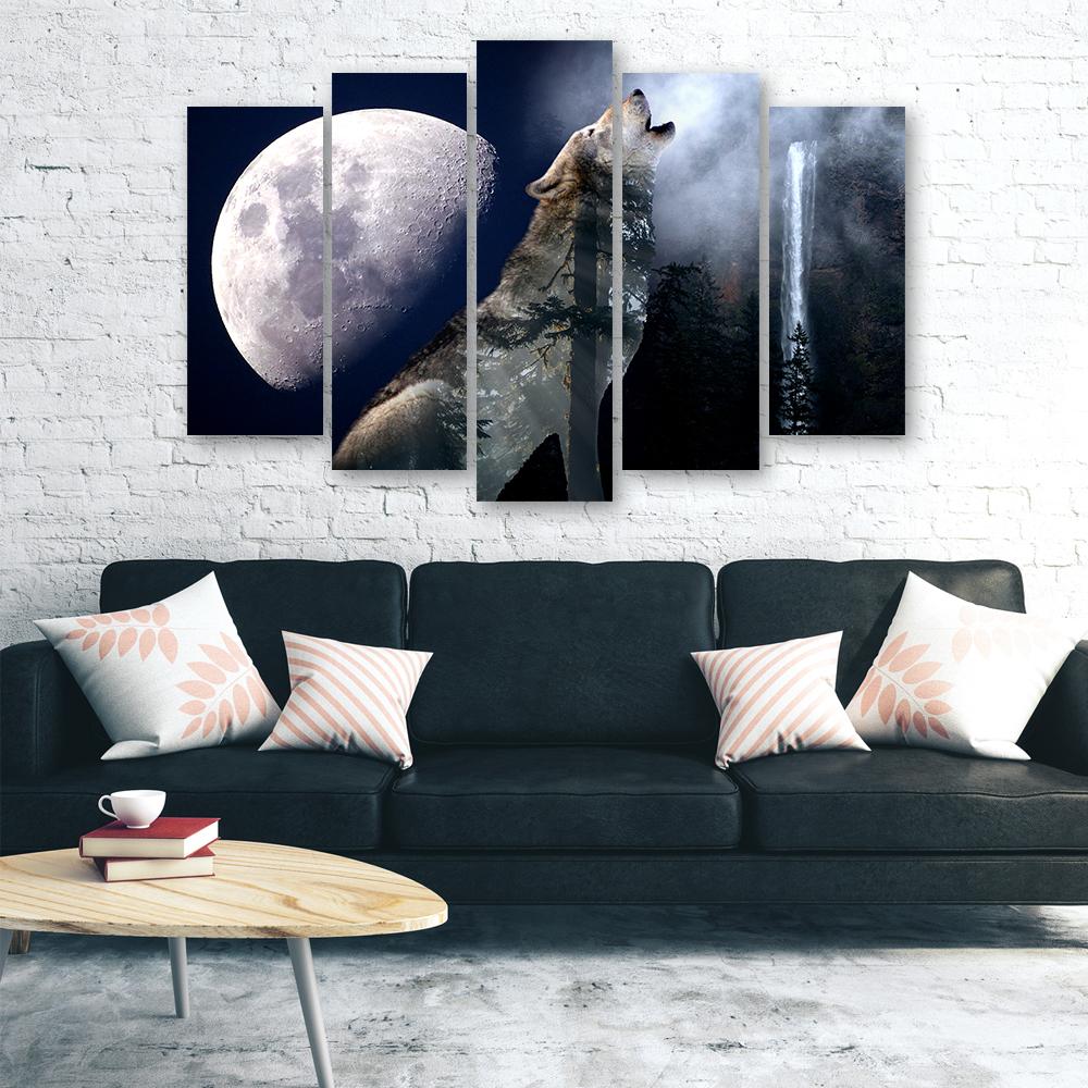 Päťdielny obraz na plátne Wolf Nature Moon Fog