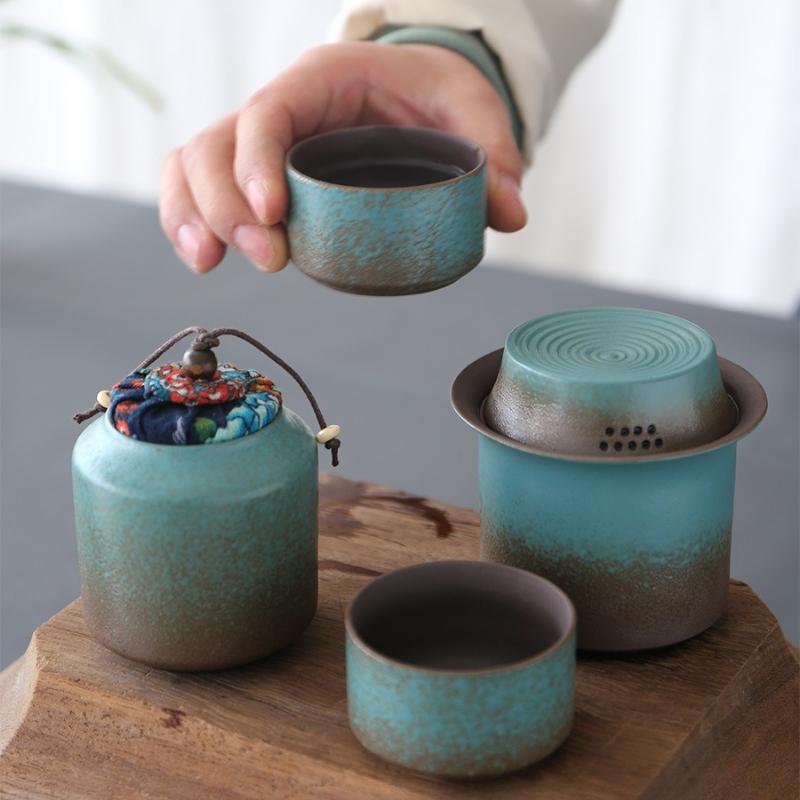 Zmiana pieca vintage wiosenna zieleń szorstka ceramika jeden czajnik 4 filiżanki pojemnik na herbatę prosty mały zestaw salon na świeżym powietrzu herbaciarnia