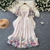 Vestido de Verano Cuadrado de Gasa Bordada Estampada de Alta Calidad para Mujer Moda Vacaciones Manga Volante Adelgazante Midi