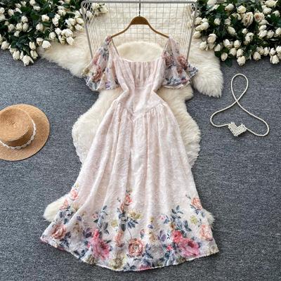 High Quality Chiffon Embroidered Print Square-Necked Summer Dress for Women Fashion Vacation Flying Sleeve Slimming Midi Dress