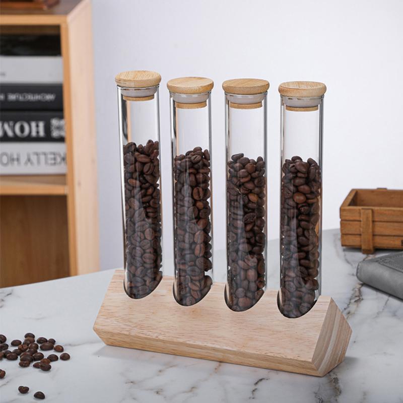 150ml Sealed Glass Bottles with Wooden Stand Tea Coffee Bean Grain Storage Jar Display Rack Transparent Storage Boxes Decor